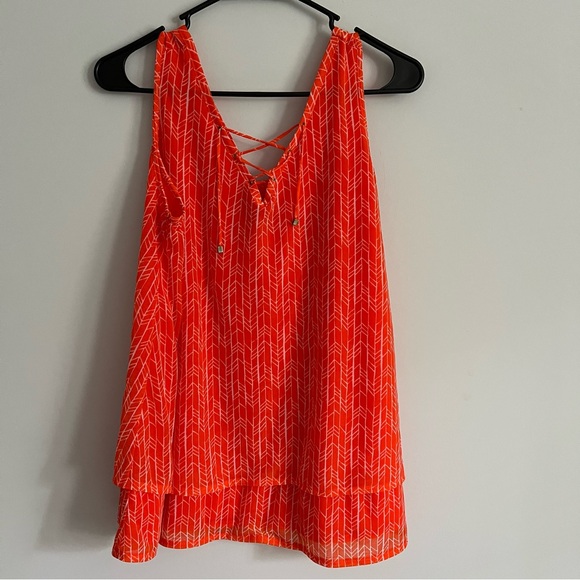 Worthington Orange Aztec Printed Criss Cross V Neck Sleeveless Blouse